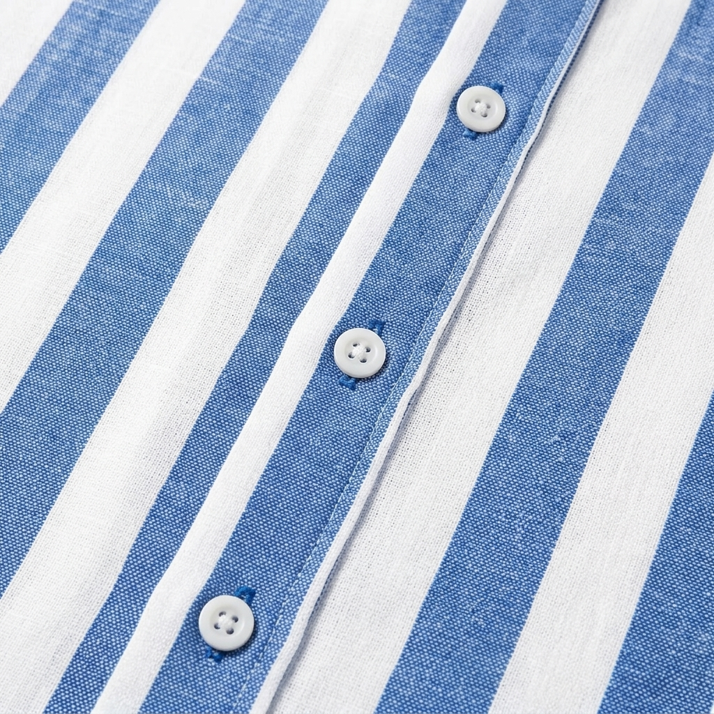 Macro of Men's Striped Relaxed Linen Shirt fabric texture and weave
