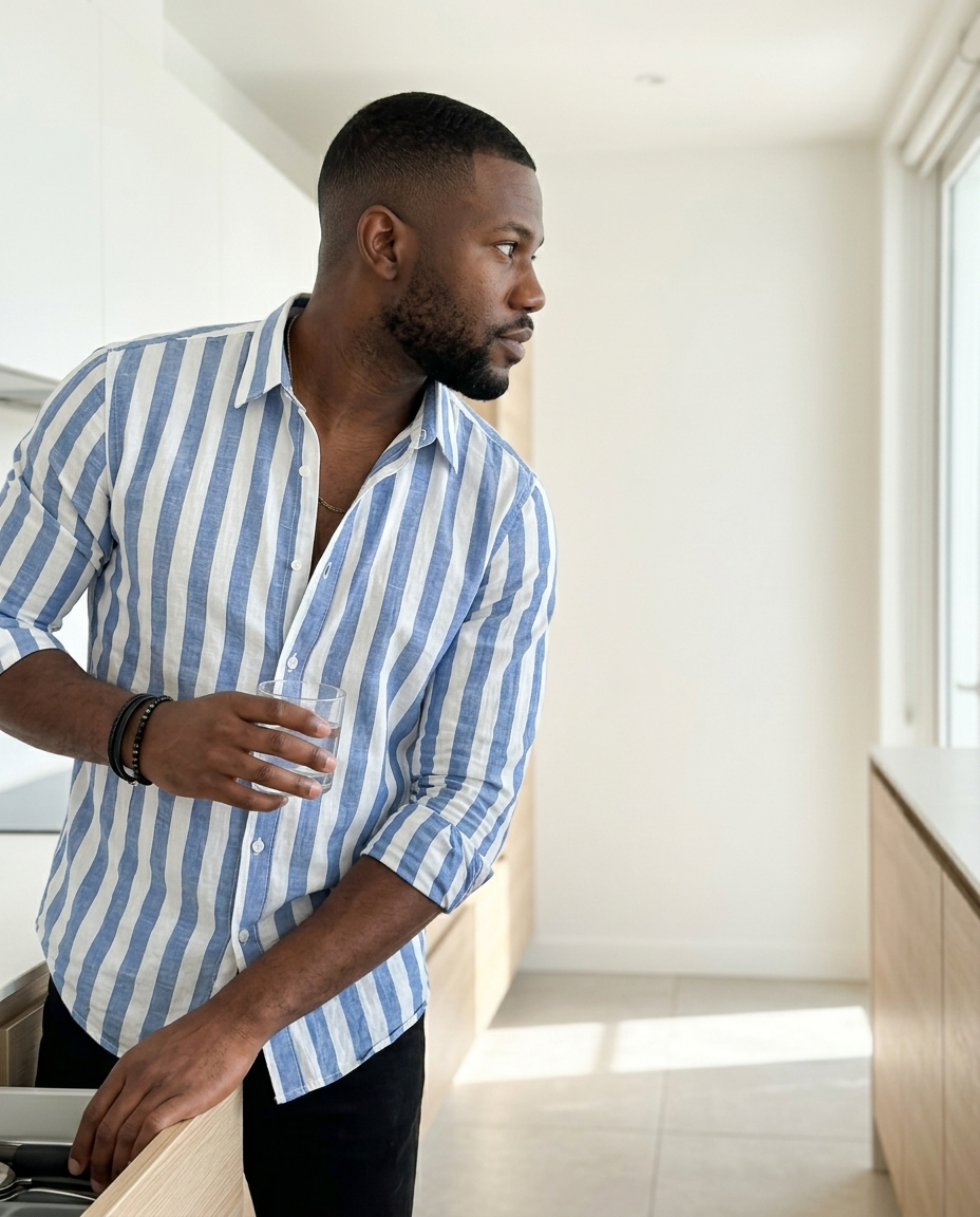 Men's Striped Relaxed Linen Shirt styled in a daylight interior setting