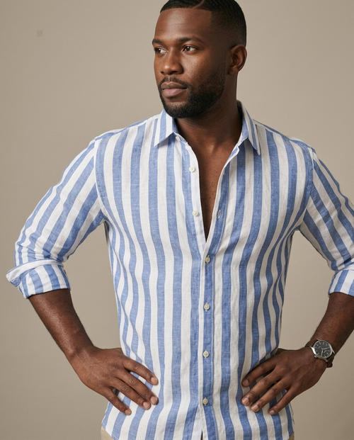 Men's Striped Relaxed Linen Shirt worn by a model, close waist-up view