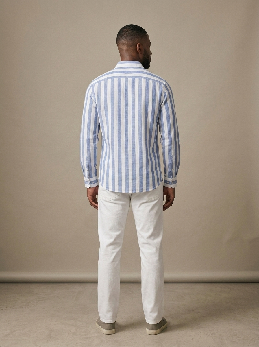 Men's Striped Relaxed Linen Shirt worn by a model, back view