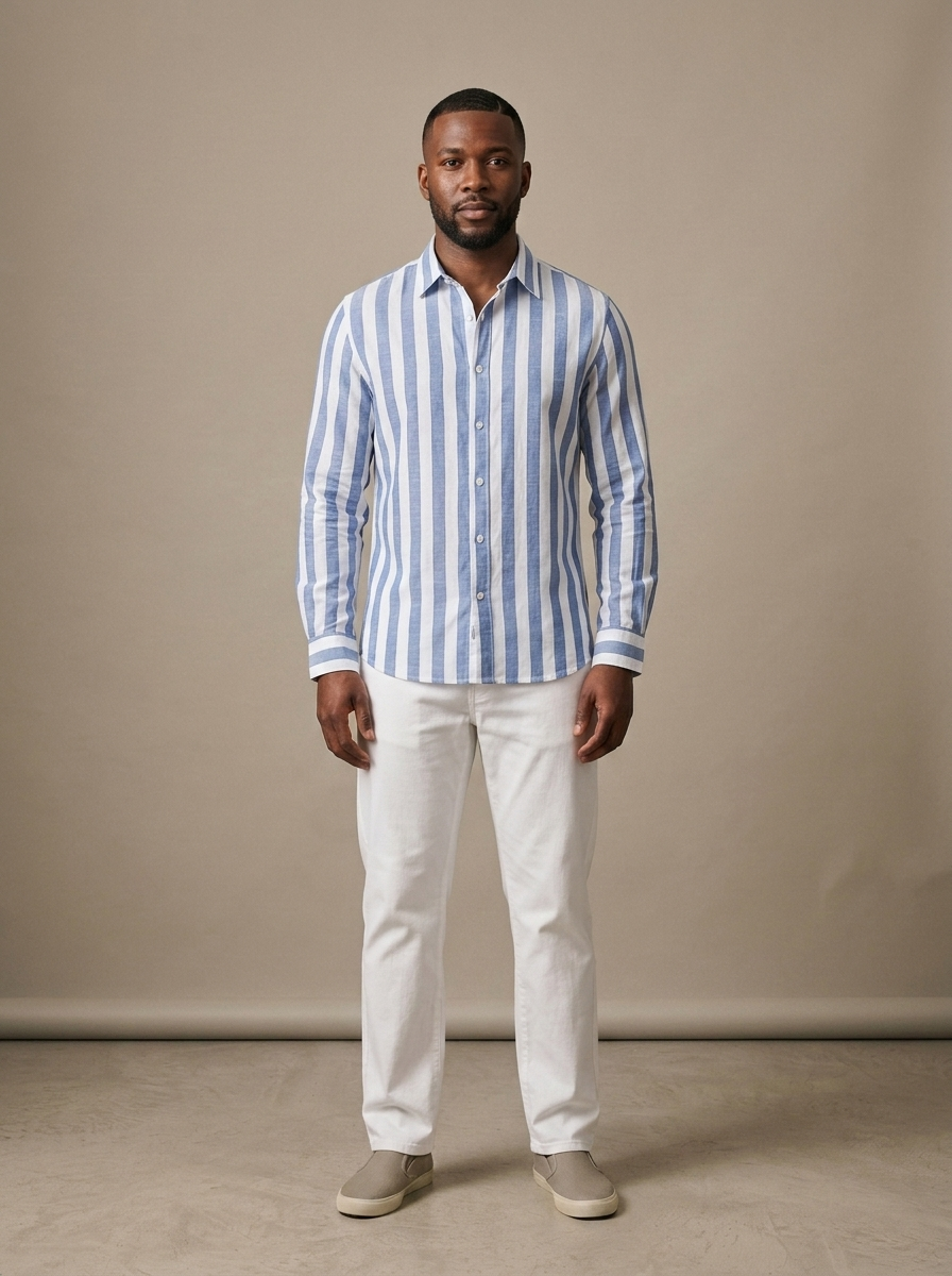 Men's Striped Relaxed Linen Shirt worn by a model, front view
