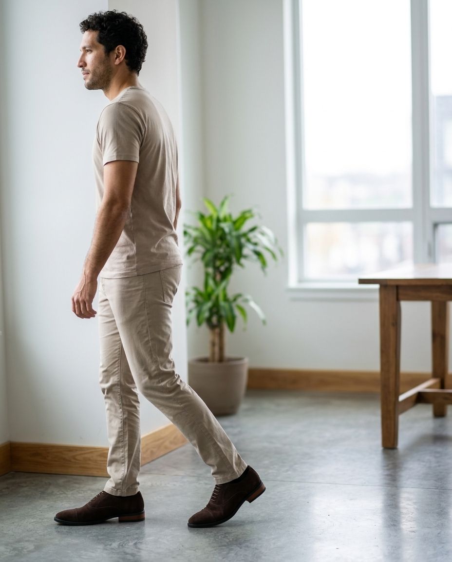 Men's Suede Cap Toe Oxford Shoes styled in an everyday setting