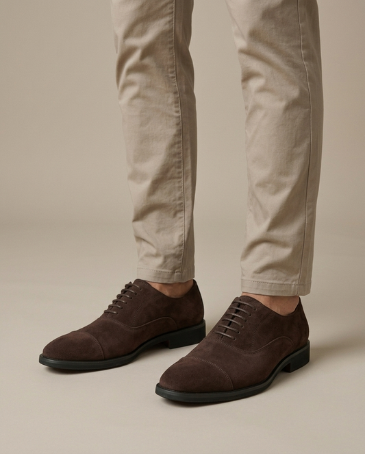 Men's Suede Cap Toe Oxford Shoes on the foot