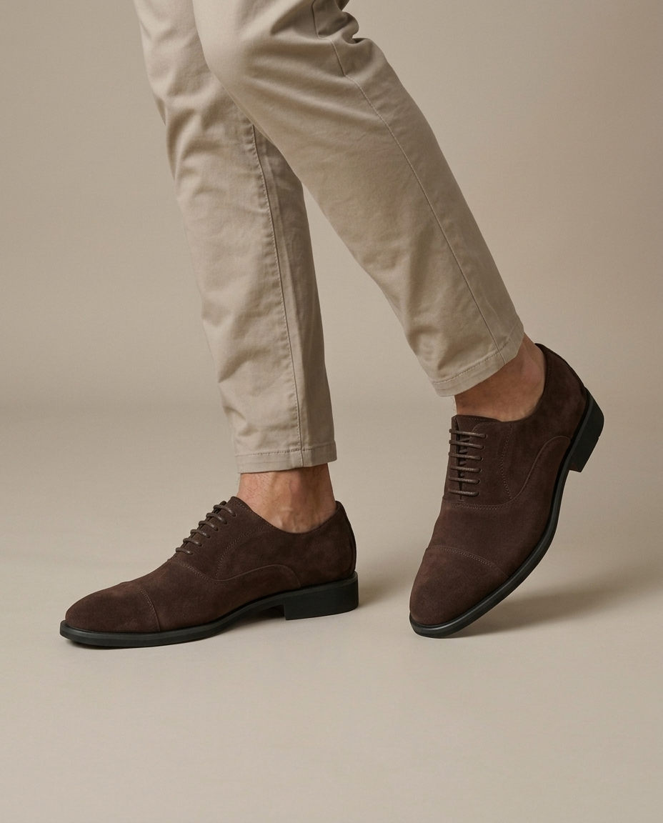 Men's Suede Cap Toe Oxford Shoes worn, walking