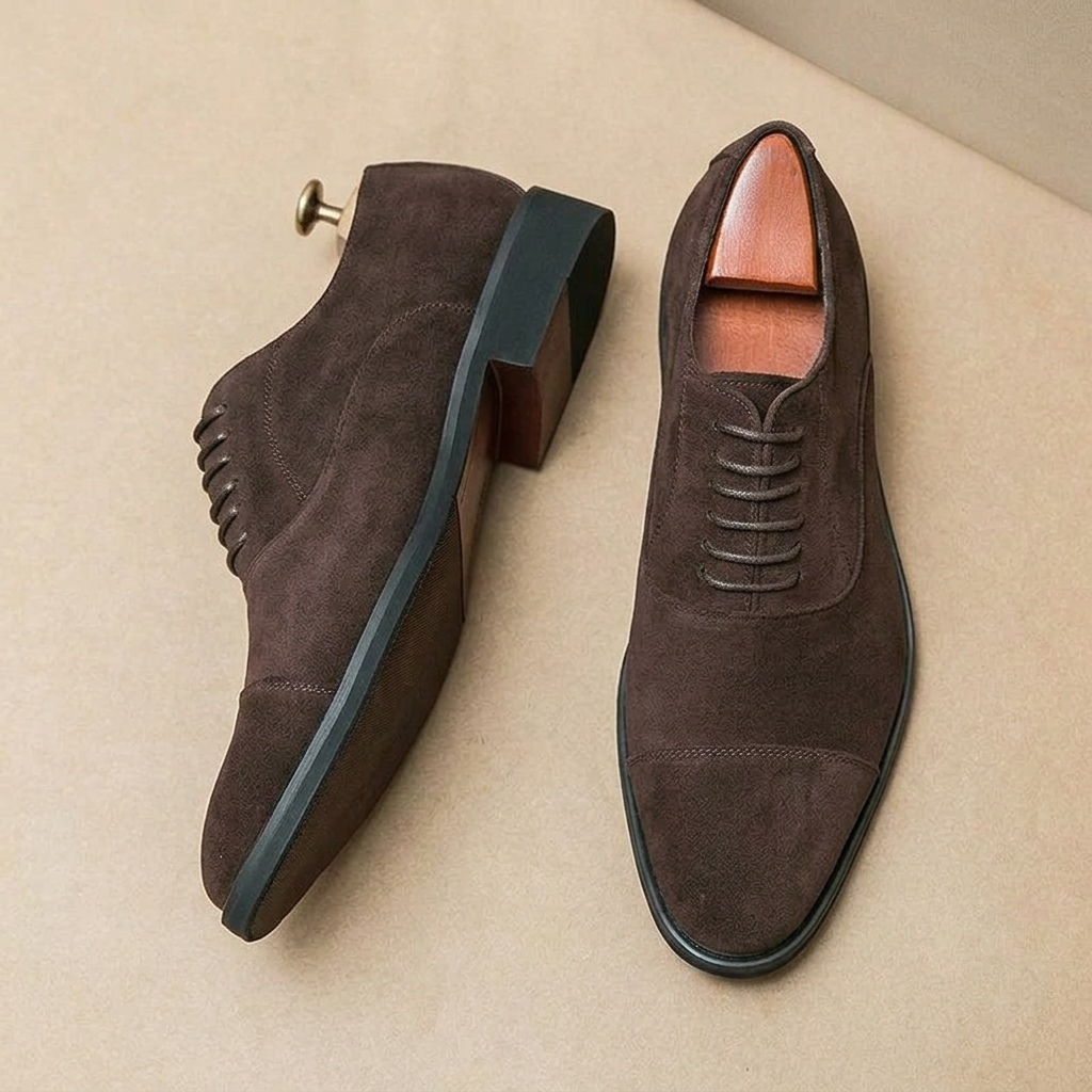 Close-up of Men's Suede Cap Toe Oxford Shoes