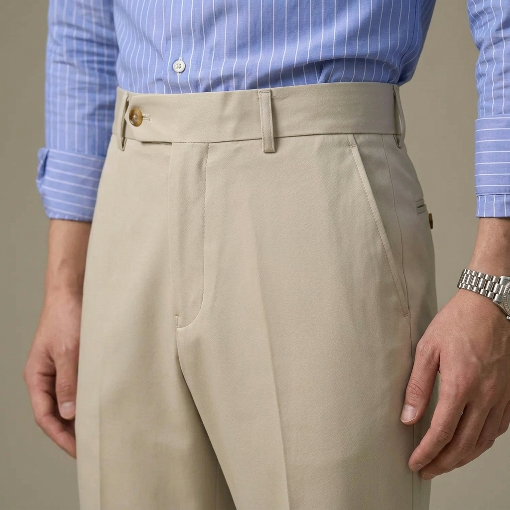 Close-up of Men's Tailored Slim Beige Trousers detail