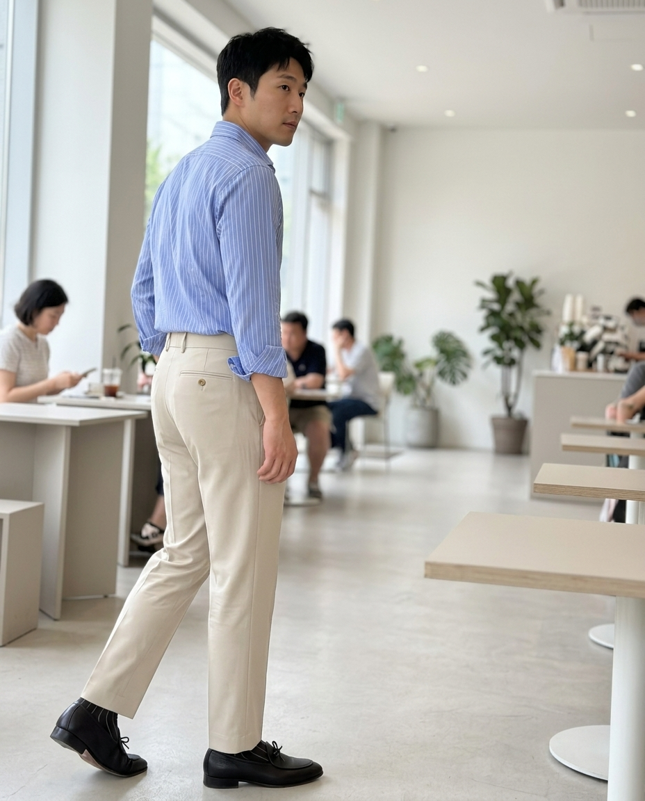 Men's Tailored Slim Beige Trousers styled in a daylight interior setting