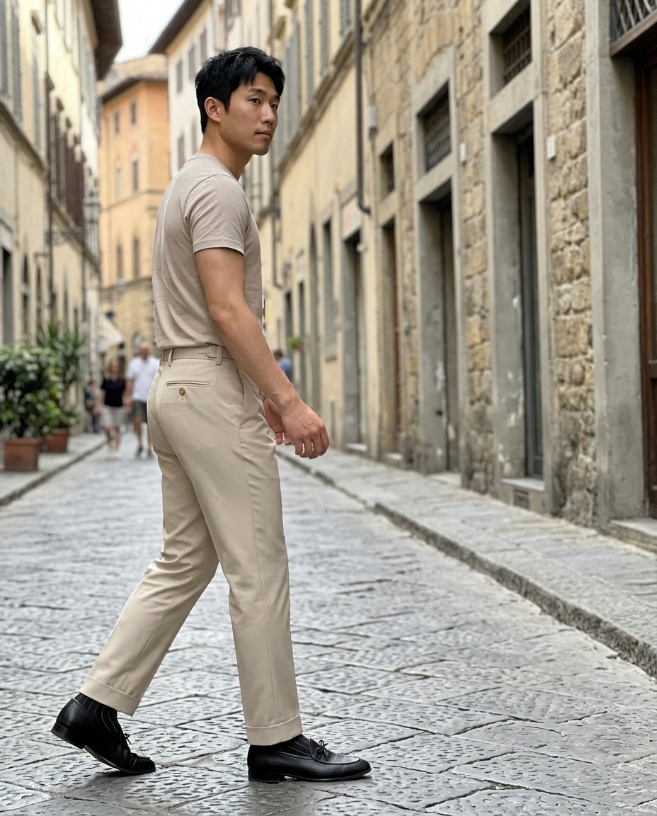 Men's Tailored Slim Beige Trousers worn in an everyday street setting