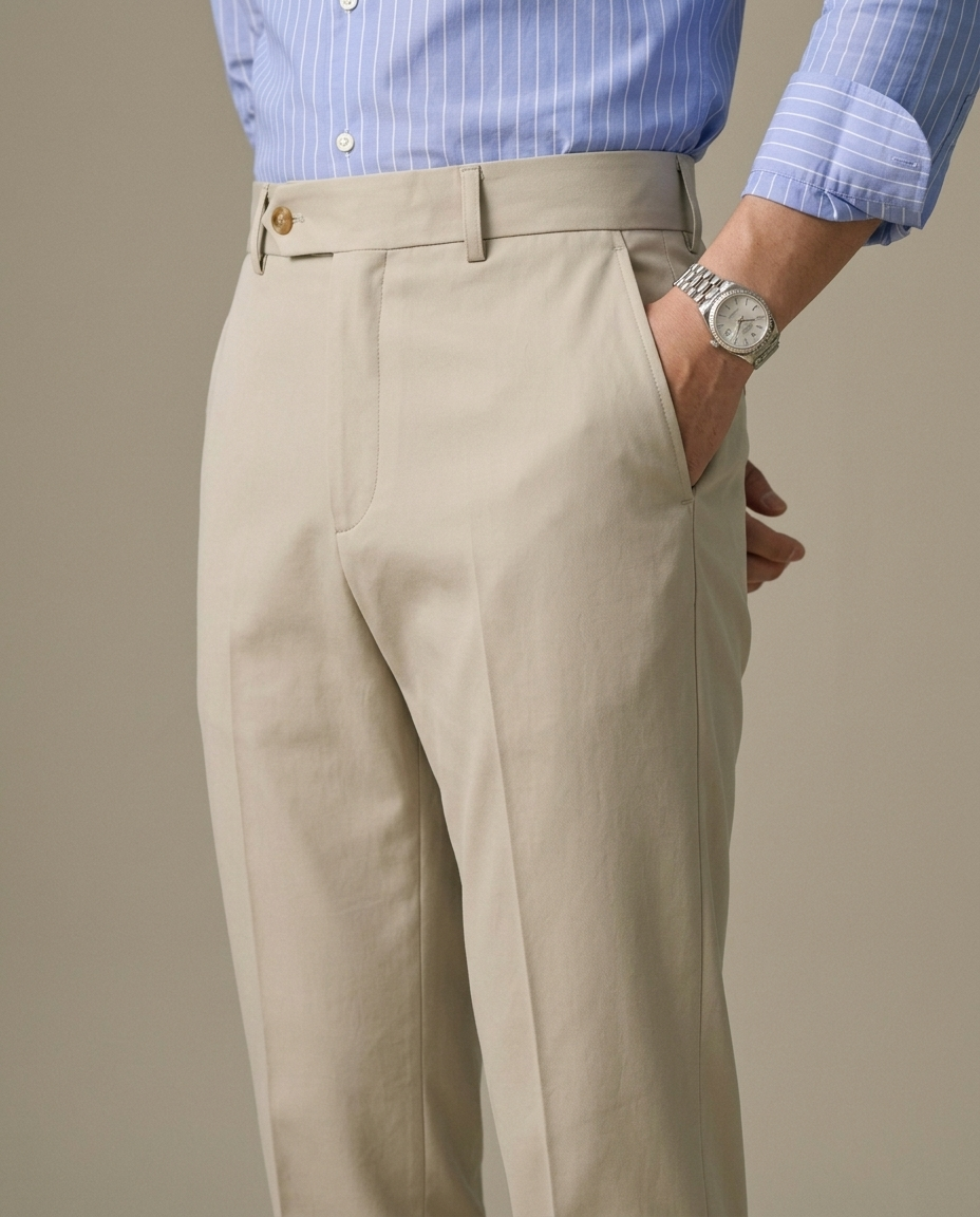 Men's Tailored Slim Beige Trousers worn by a model, close waist-up view
