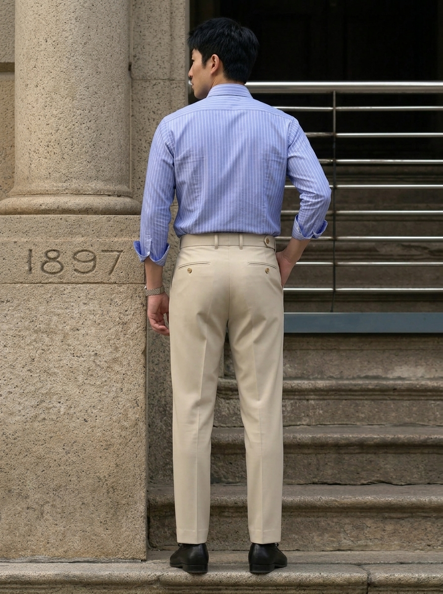 Men's Tailored Slim Beige Trousers worn by a model, back view