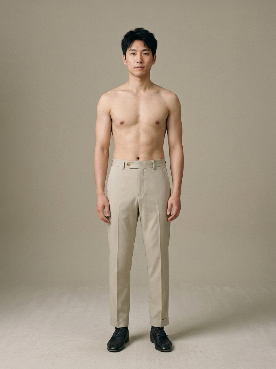 Men's Tailored Slim Beige Trousers worn by a model, front view