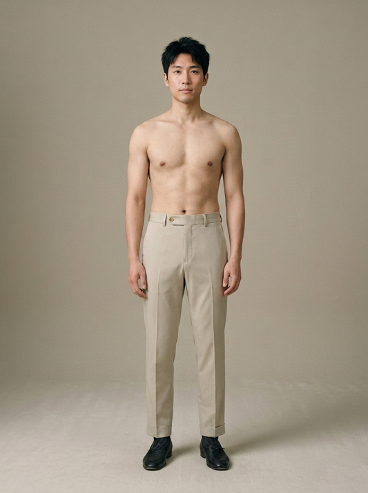 Men's Tailored Slim Beige Trousers worn by a model, front view