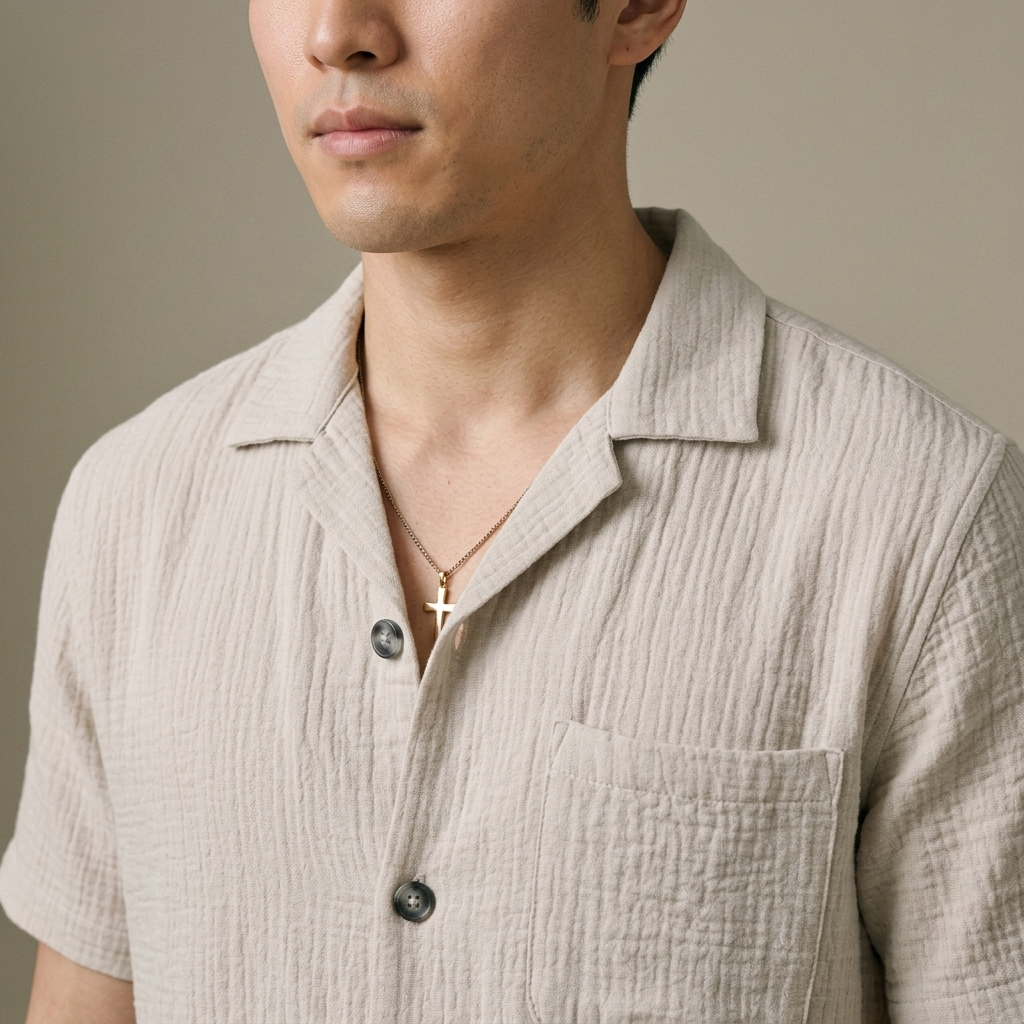 Close-up of Men's Textured Camp Collar Shirt and Shorts Set detail