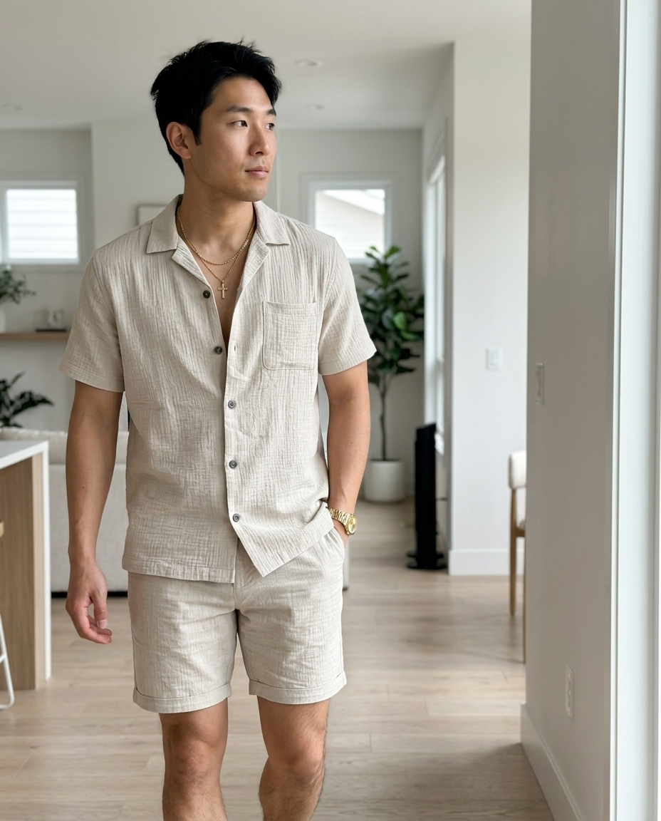 Men's Textured Camp Collar Shirt and Shorts Set styled in a daylight interior setting
