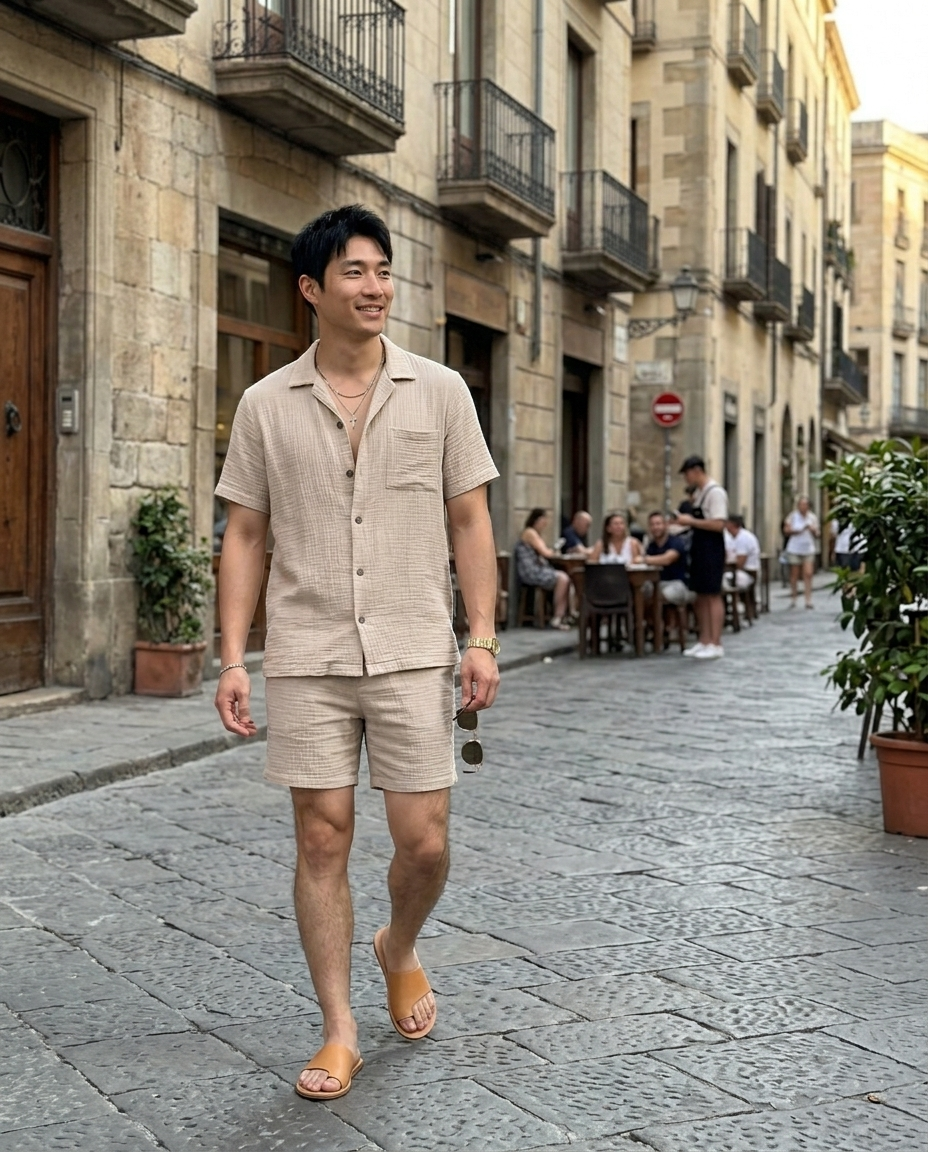 Men's Textured Camp Collar Shirt and Shorts Set worn in an everyday street setting