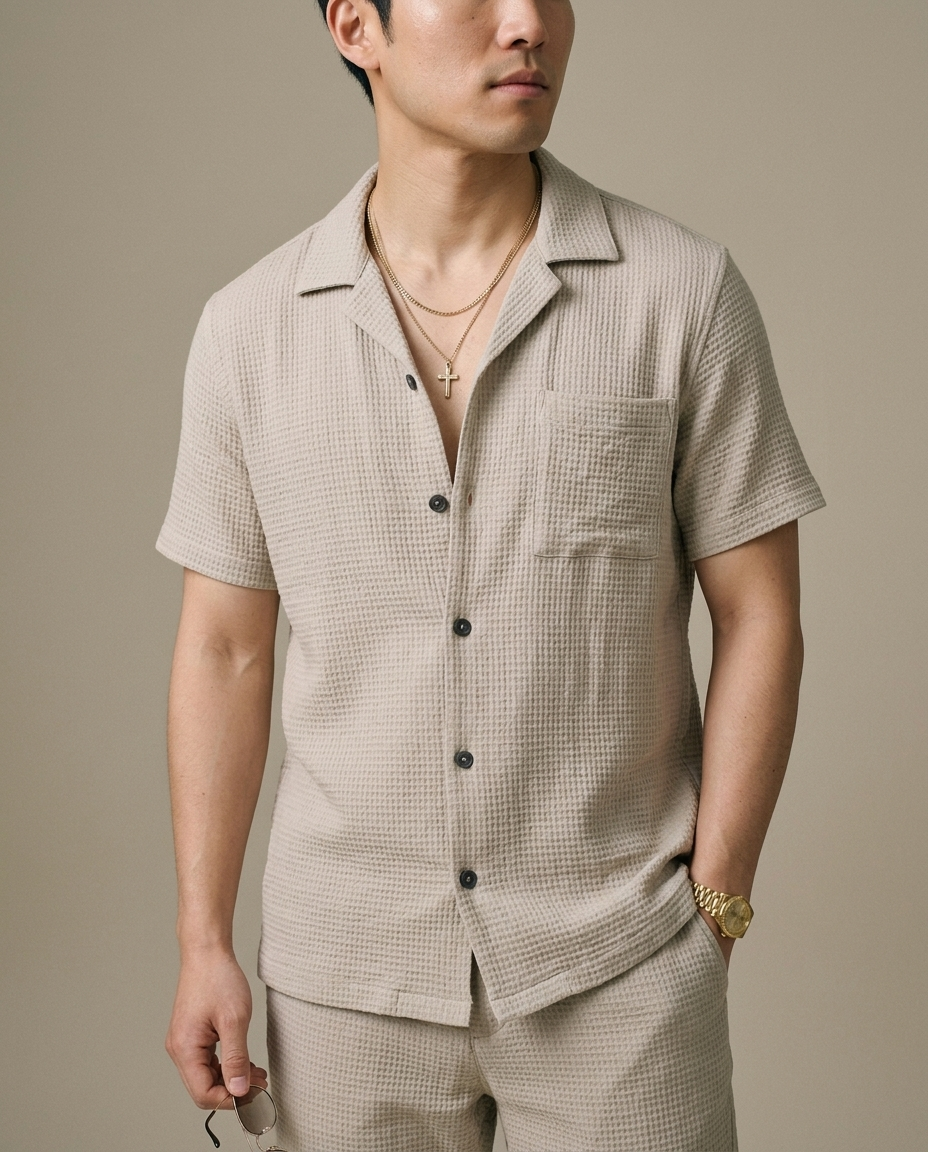 Men's Textured Camp Collar Shirt and Shorts Set worn by a model, close waist-up view
