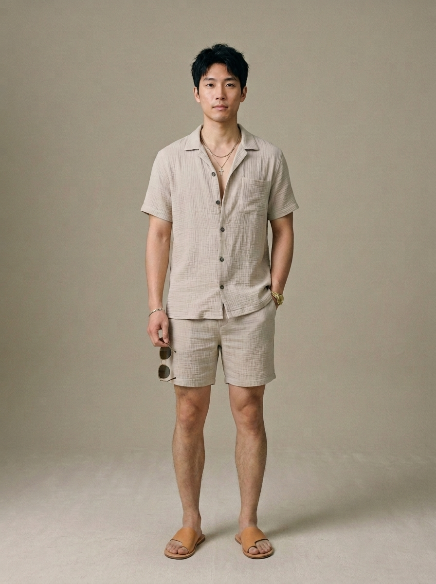 Men's Textured Camp Collar Shirt and Shorts Set worn by a model, front view