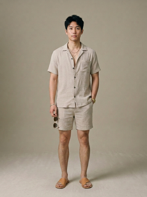 Men's Textured Camp Collar Shirt and Shorts Set worn by a model, front view