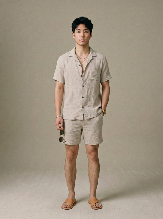 Men's Textured Camp Collar Shirt and Shorts Set worn by a model, front view