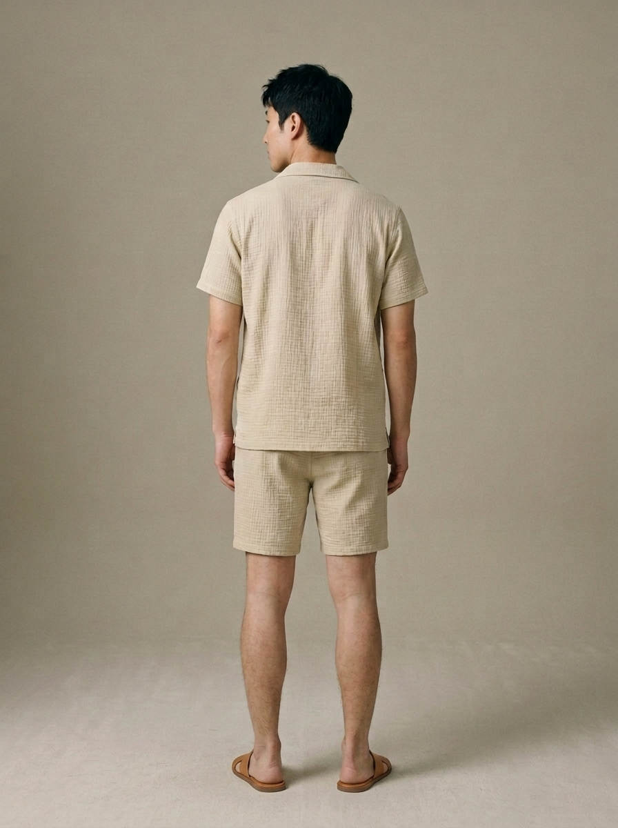 Men's Textured Camp Collar Shirt and Shorts Set worn by a model, back view