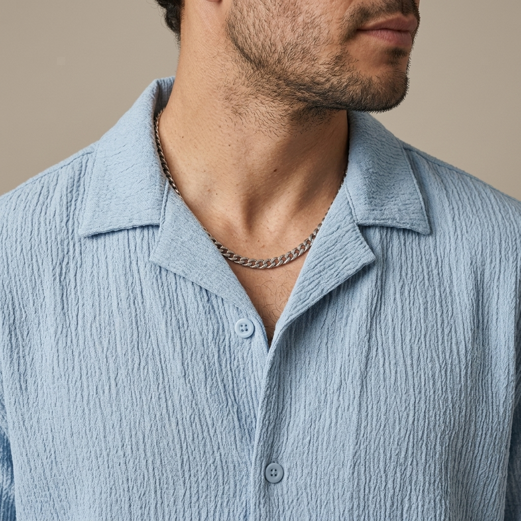 Close-up of Men's Textured Camp Collar Shirt and Shorts Set detail