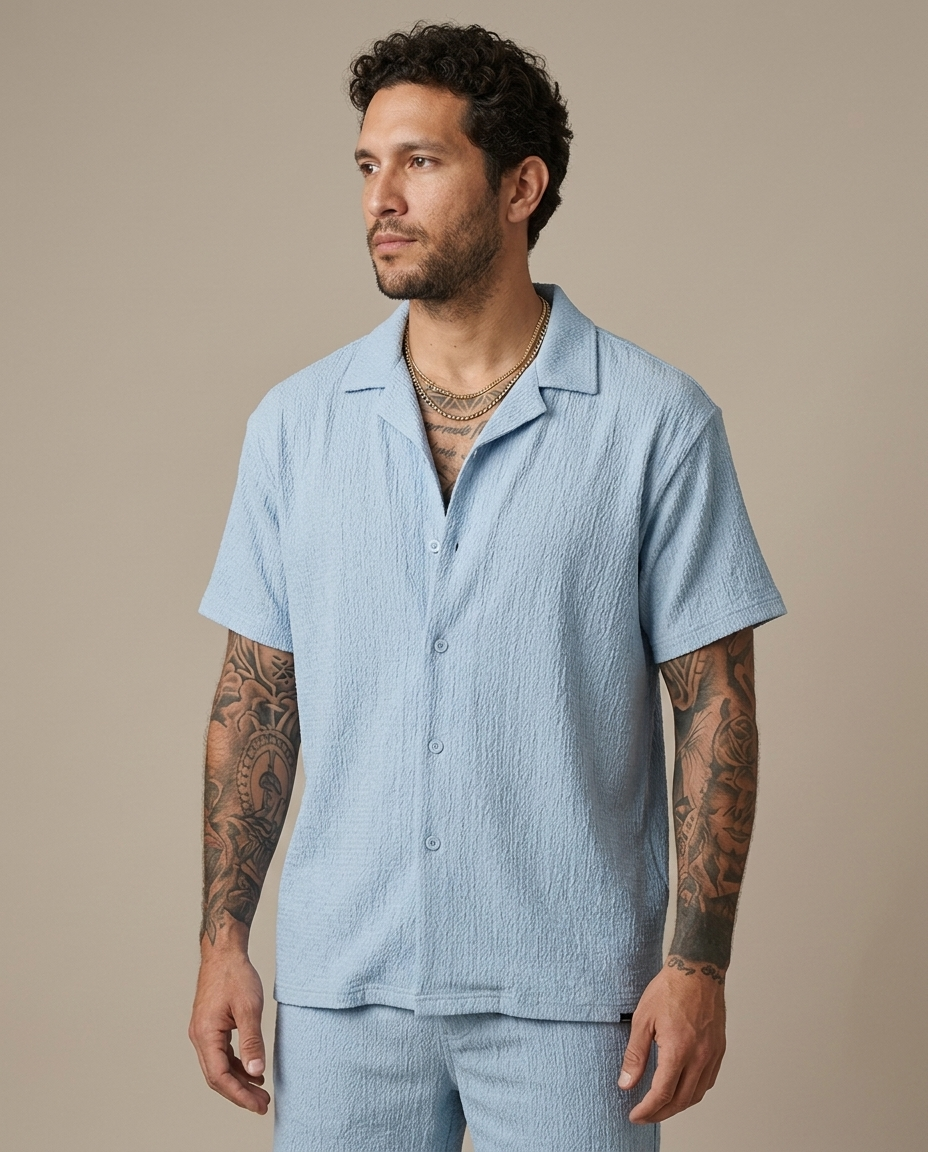 Men's Textured Camp Collar Shirt and Shorts Set worn by a model, close waist-up view