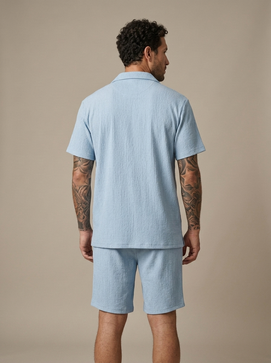 Men's Textured Camp Collar Shirt and Shorts Set worn by a model, back view