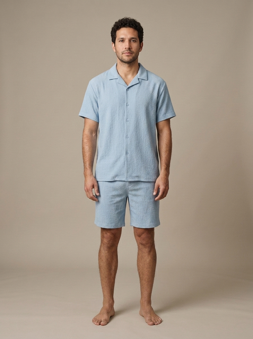 Men's Textured Camp Collar Shirt and Shorts Set worn by a model, front view