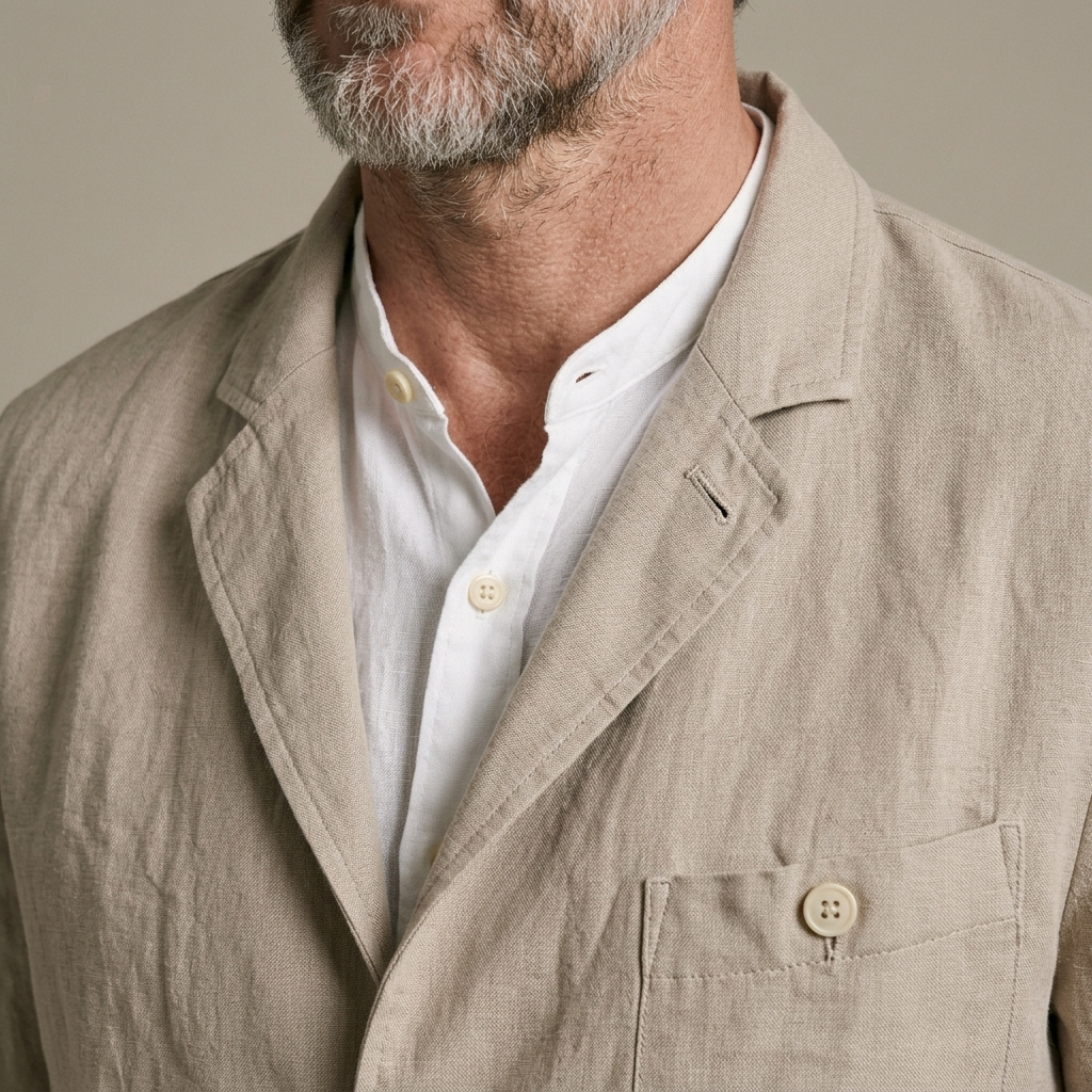 Close-up of Men's Unstructured Linen Blazer, Beige detail