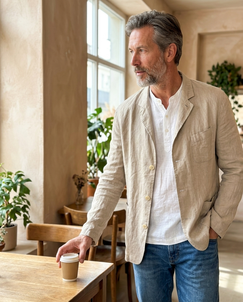 Men's Unstructured Linen Blazer, Beige styled in a daylight interior setting
