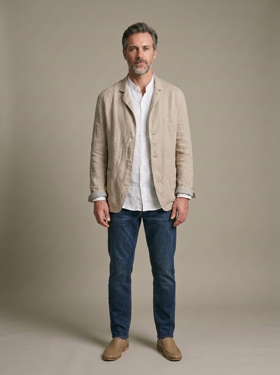 Men's Unstructured Linen Blazer, Beige worn by a model, front view