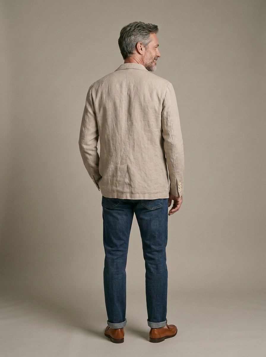 Men's Unstructured Linen Blazer, Beige worn by a model, back view