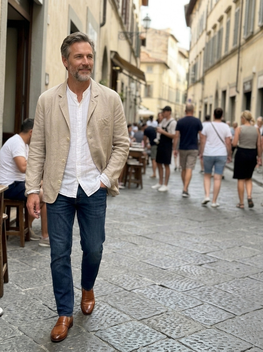 Men's Unstructured Linen Blazer, Beige worn in an everyday street setting