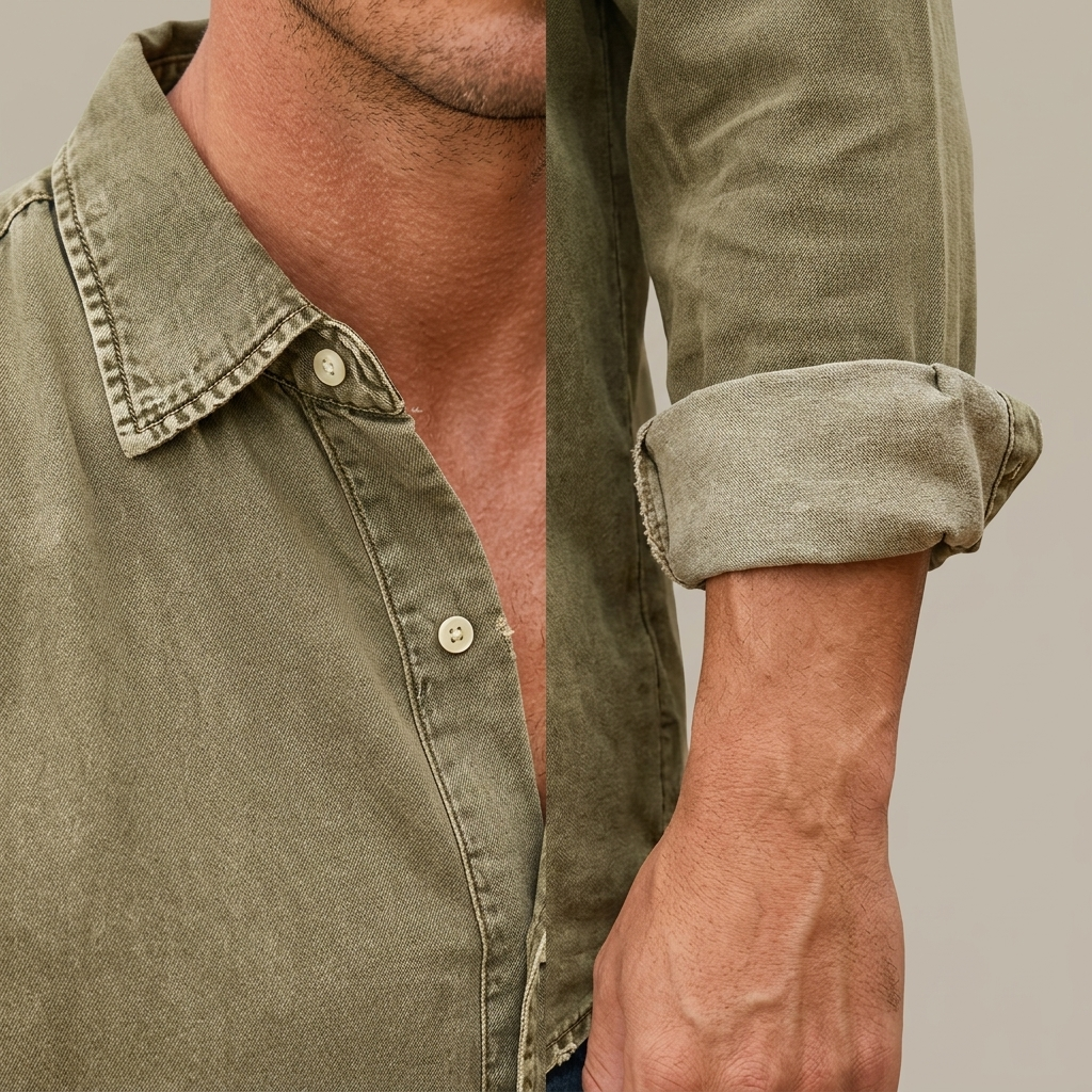 Close-up of Men's Washed Cotton Shirt, Relaxed Fit, Chest Pocket detail
