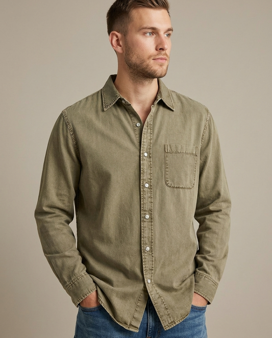Men's Washed Cotton Shirt, Relaxed Fit, Chest Pocket worn by a model, close waist-up view