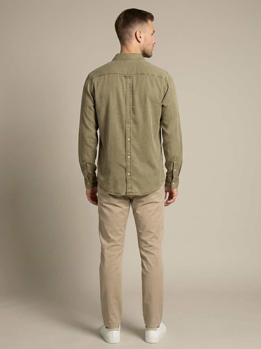 Men's Washed Cotton Shirt, Relaxed Fit, Chest Pocket worn by a model, back view