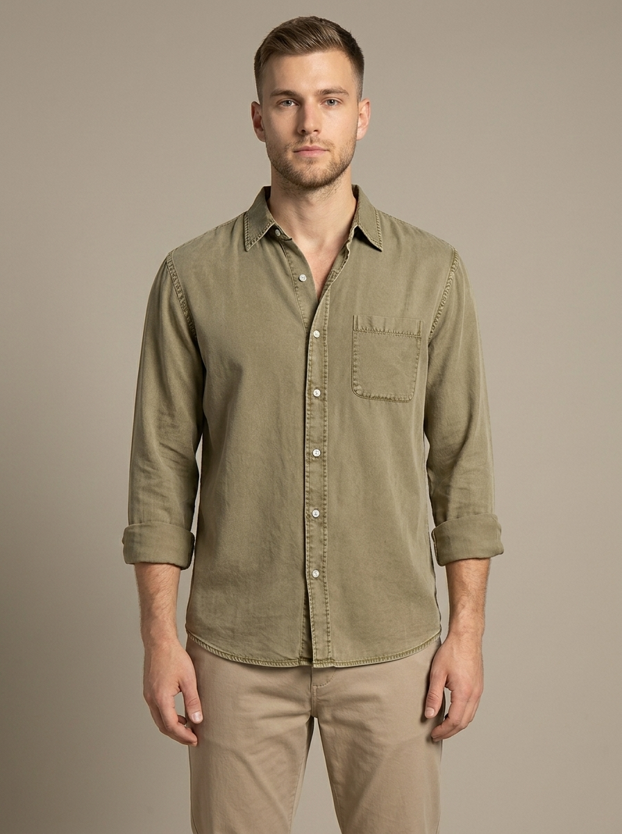 Men's Washed Cotton Shirt, Relaxed Fit, Chest Pocket worn by a model, front view