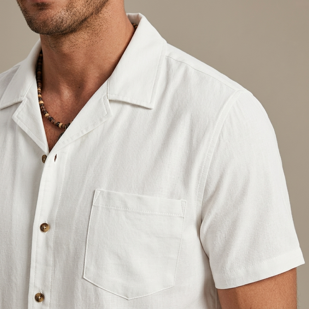 Close-up of Men's White Camp Collar Shirt Pants Set detail