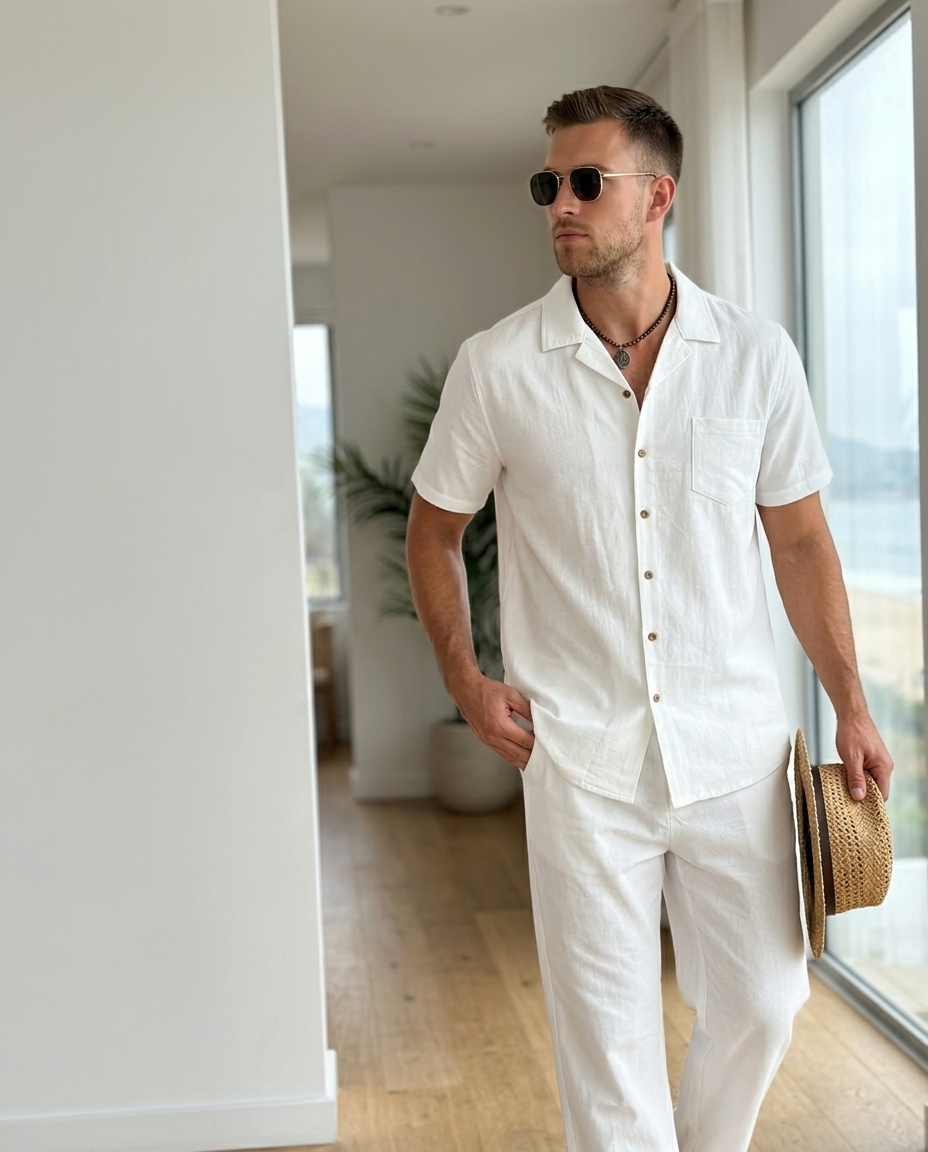 Men's White Camp Collar Shirt Pants Set styled in a daylight interior setting