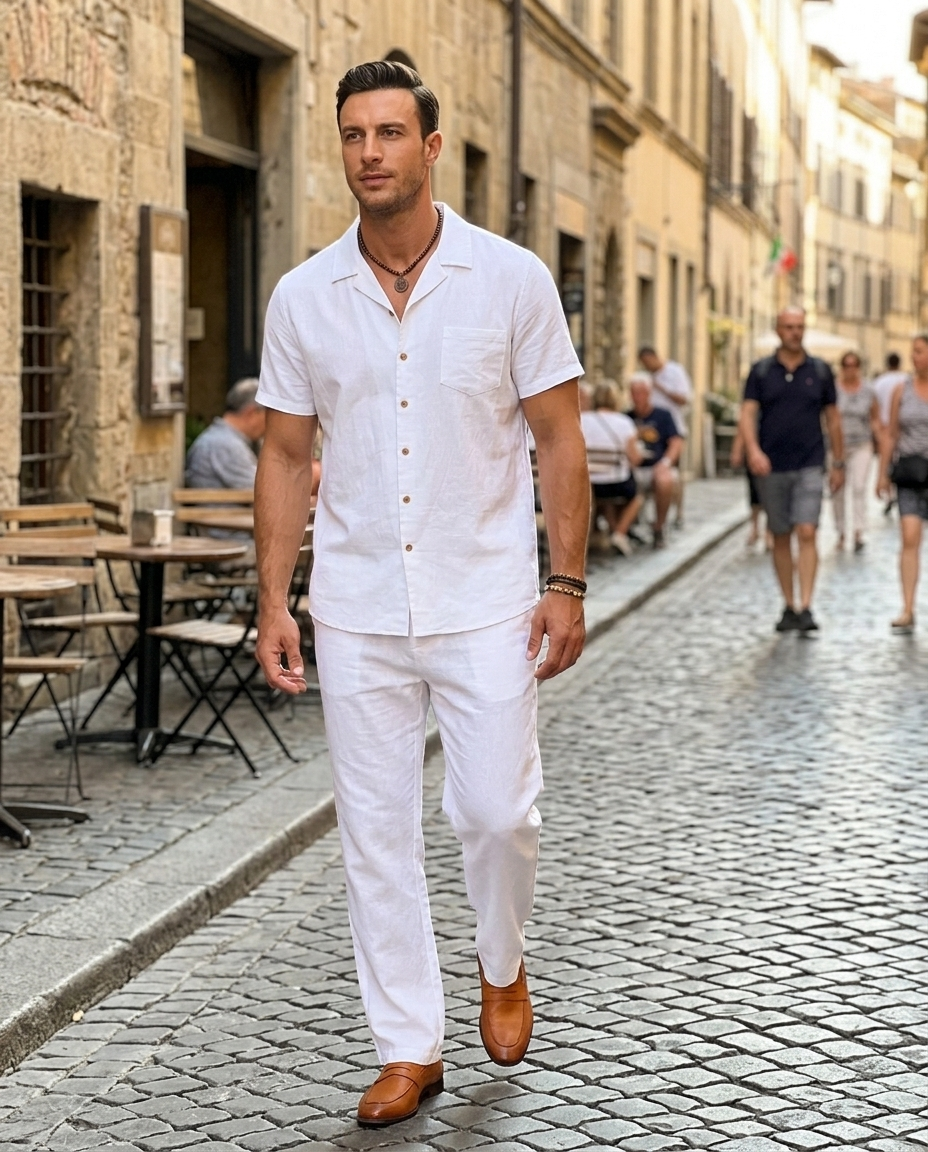 Men's White Camp Collar Shirt Pants Set worn in an everyday street setting