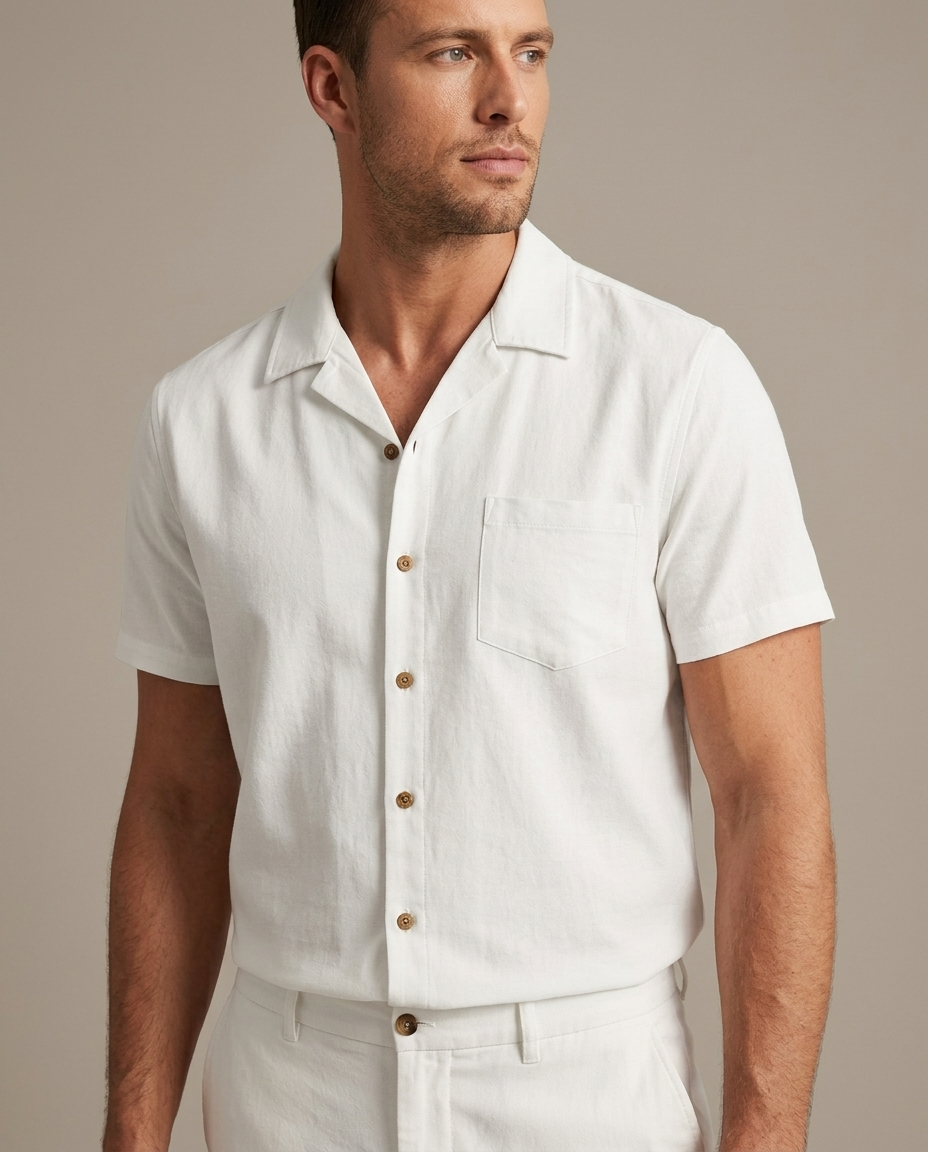 Men's White Camp Collar Shirt Pants Set worn by a model, close waist-up view