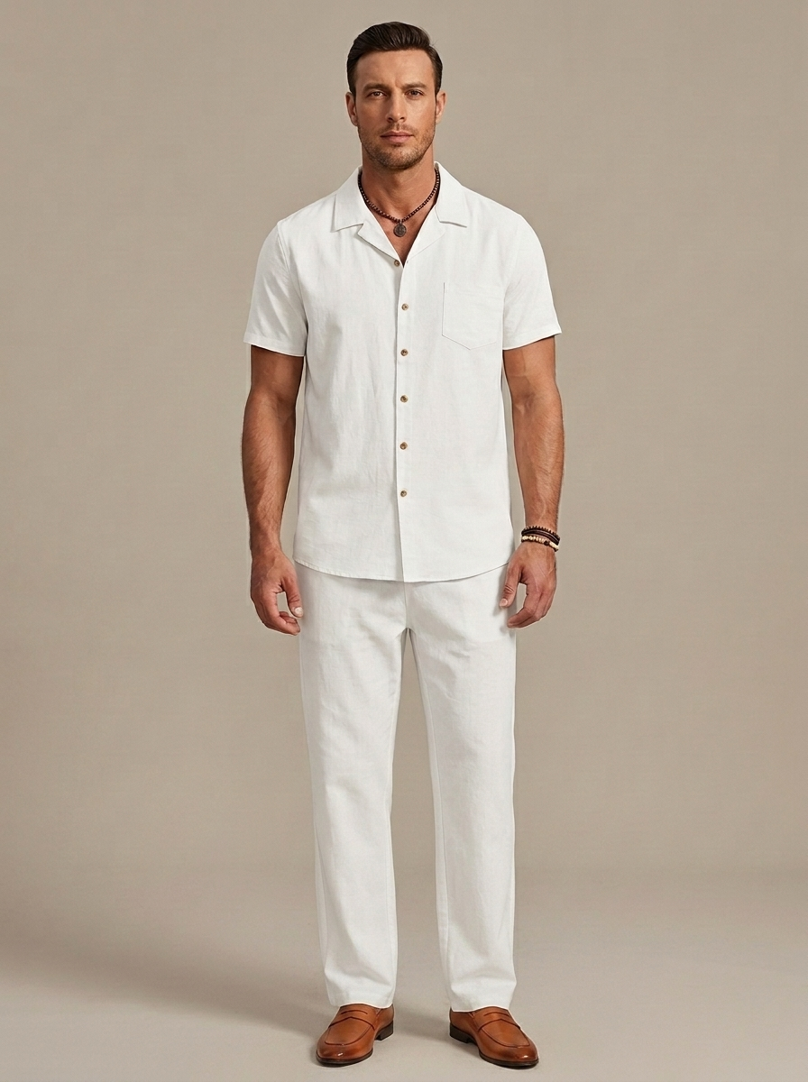 Men's White Camp Collar Shirt Pants Set worn by a model, front view