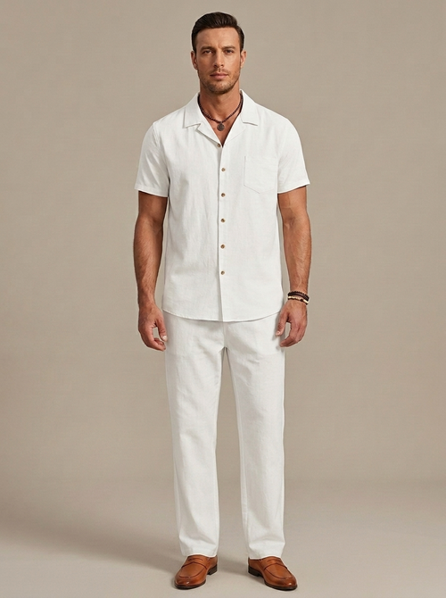 Men's White Camp Collar Shirt Pants Set worn by a model, front view