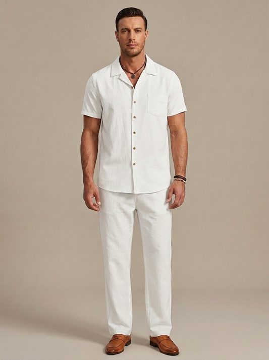 Men's White Camp Collar Shirt Pants Set worn by a model, front view