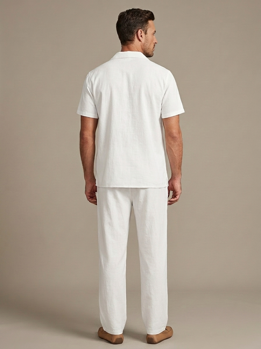 Men's White Camp Collar Shirt Pants Set worn by a model, back view