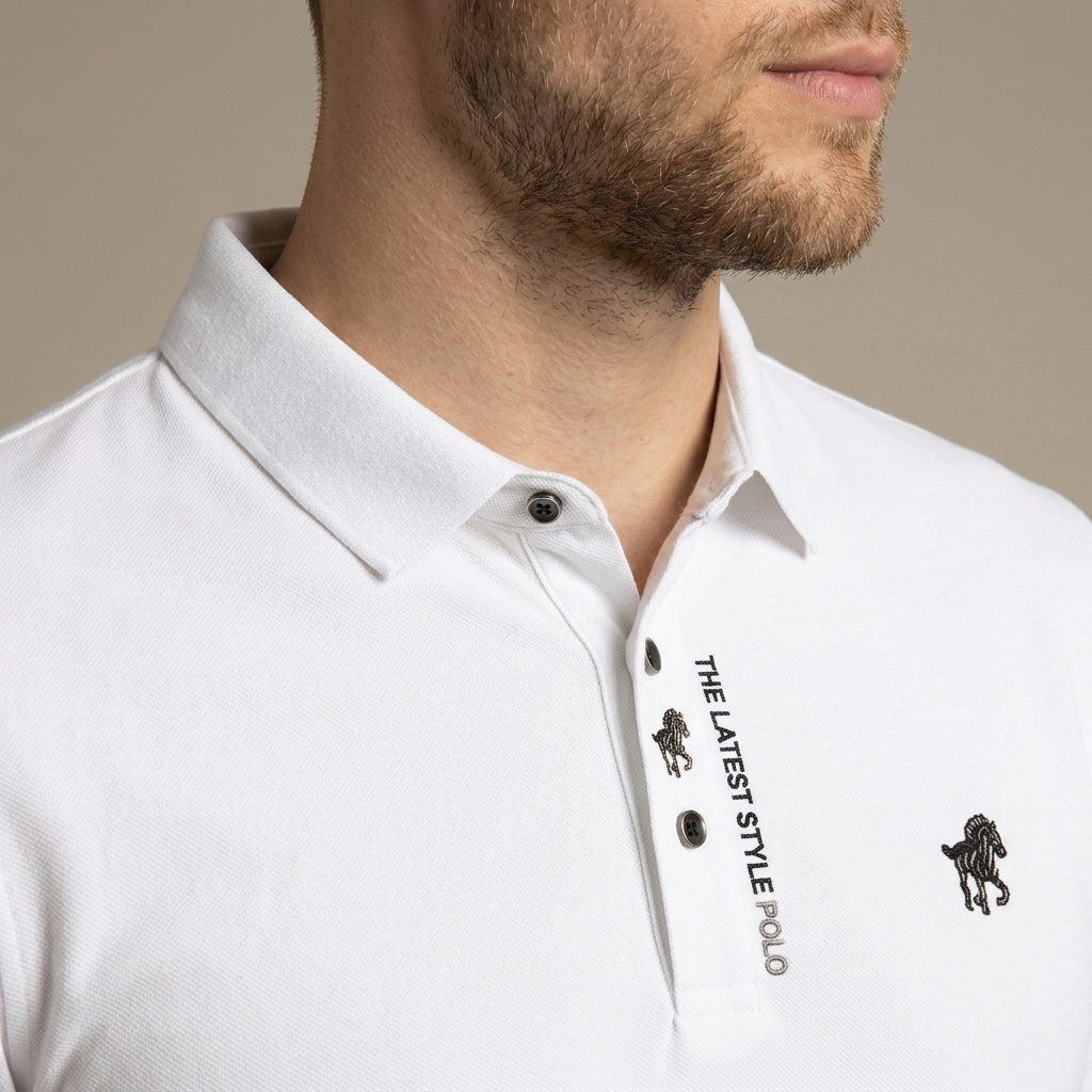 Close-up of Men's White Pique Slim Fit Polo Shirt detail