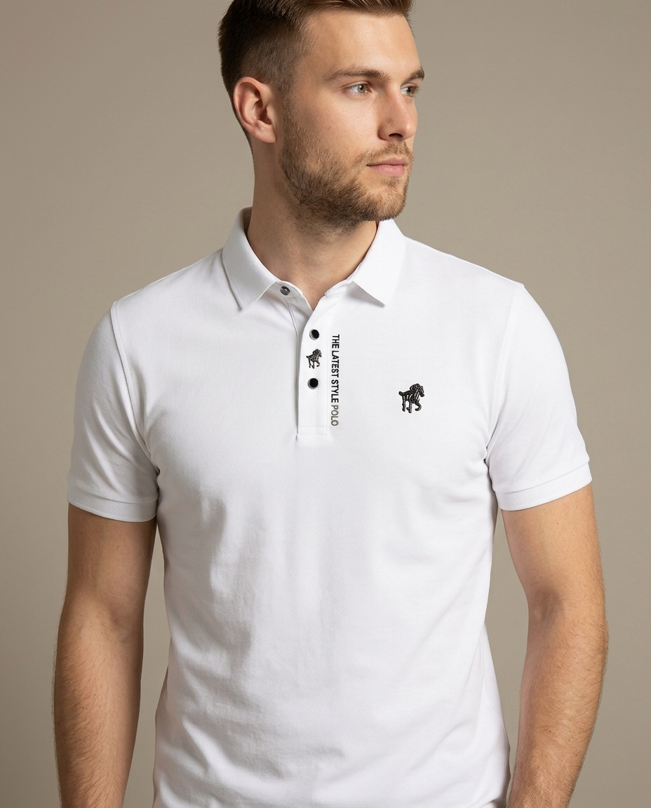 Men's White Pique Slim Fit Polo Shirt worn by a model, close waist-up view