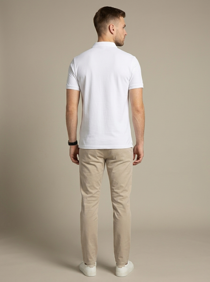 Men's White Pique Slim Fit Polo Shirt worn by a model, back view