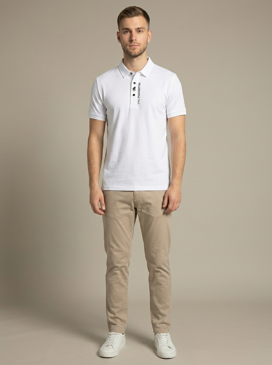 Men's White Pique Slim Fit Polo Shirt worn by a model, front view