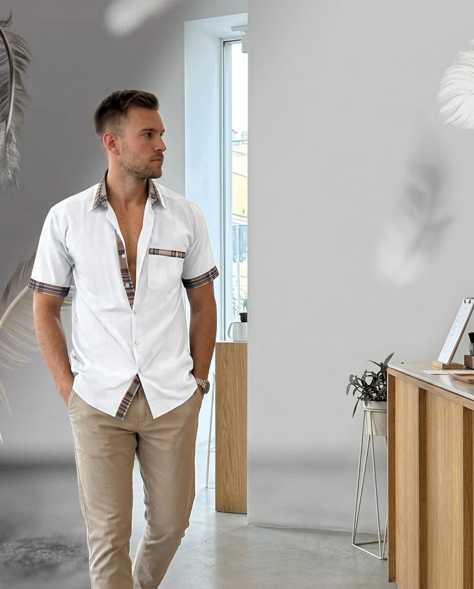 Men's White Short Sleeve Plaid Trim Shirt styled in a daylight interior setting